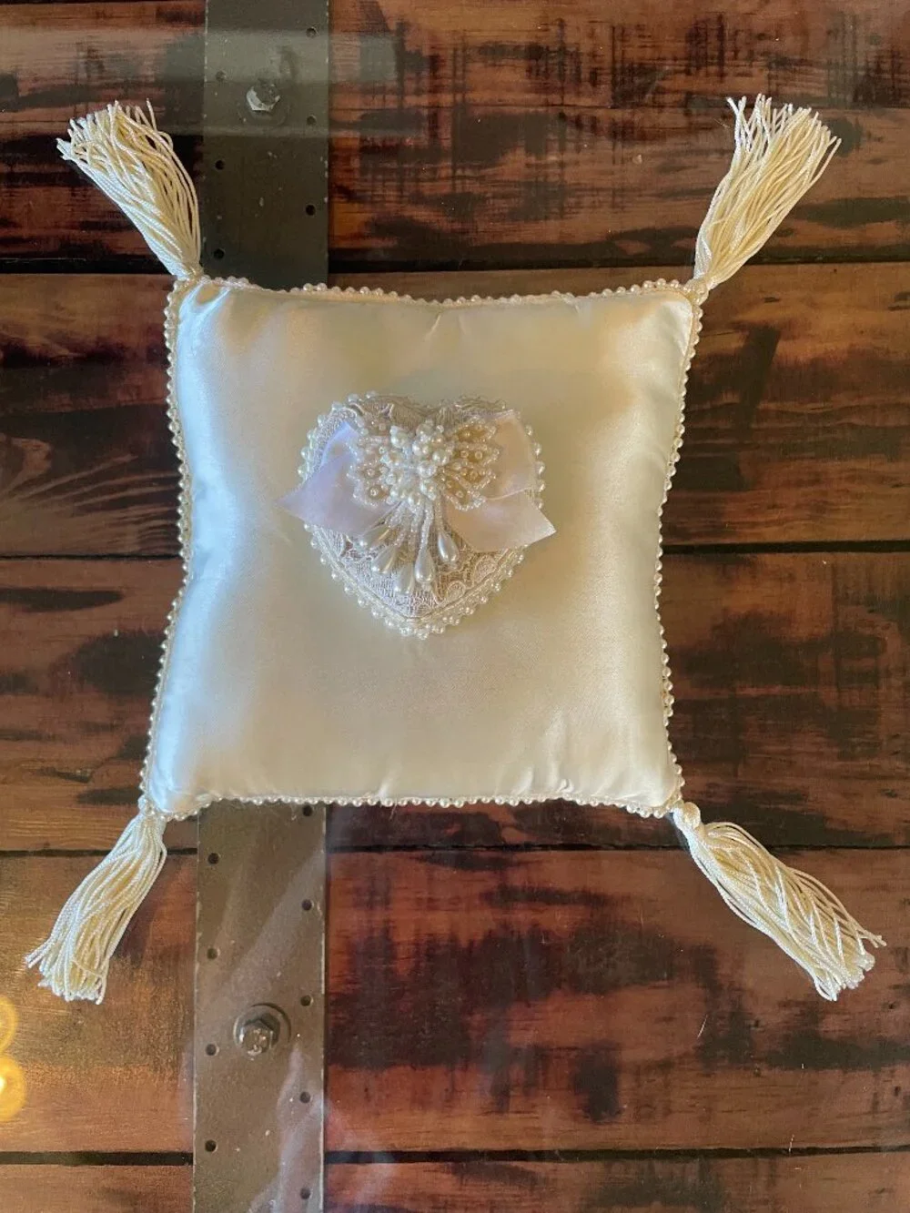 Vintage Ivory Satin Wedding Ring Bearer Pillow